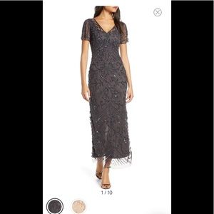 Beaded Mesh Column Gown